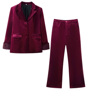 Women Elegant Velvet Blazer And Wide Leg Pants Wine Red Notched Lapel Jacket With Faux Fur Trim Cuffs Commuter Office Outfit