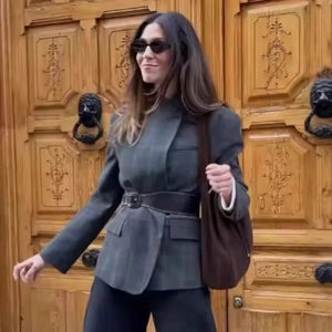 Vintage gray plaid blazer with stand collar and wide black belt for a modern urban chic look