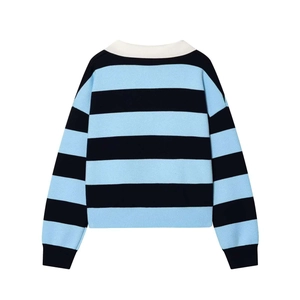 Detail view of sky blue and black striped knit sweater with contrast white polo collar