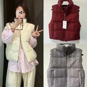 Women's Vintage Cable Knit Padded Vest Stand Collar Zipper Quilted Gilet Sleeveless Jacket Autumn Winter Warm Waistcoat