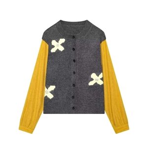 Gray and yellow color-block cardigan with white floral patches and black buttons