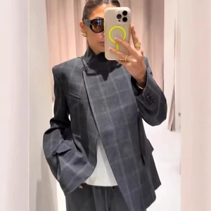 Vintage gray plaid blazer jacket with a high collar and single-button asymmetrical design