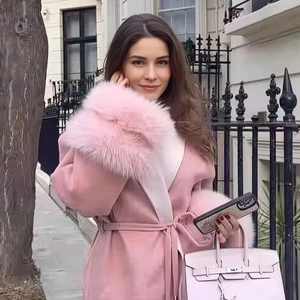 Damen Eleganter Wollmantel Mit Kunstpelz Manschetten Reverskragen Schnürung Taille Warm Winter Oberbekleidung Süß Pendler Mode Jacke