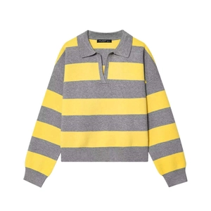 Women's yellow and grey striped long sleeve polo knit sweater with ribbed cuffs