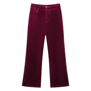Elegant burgundy velvet high-waisted straight trousers with glossy fabric texture