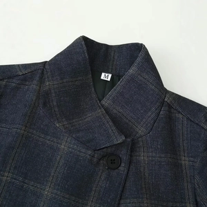 Vintage plaid stand collar blazer jacket in dark blue check with high-quality twill texture