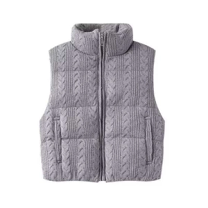 Women's vintage grey cable-knit padded puffer vest with high collar and front zipper