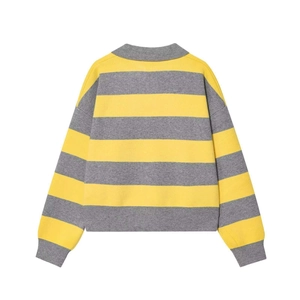 Fashionable long-sleeve knit sweater with bold yellow and dark grey horizontal stripes