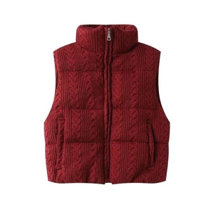 Women's wine red cable-knit padded gilet with a stand collar and metallic zipper