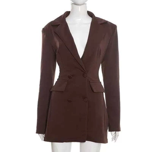 Elegant slim fit double-breasted brown blazer dress with peaked lapel and long sleeves