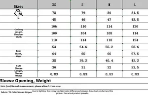 Size chart table for dark gray striped blazer and wide leg pants suit, XS to L dimensions