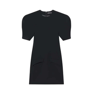 Elegant Solid Black Puff Sleeve Mini Dress For Women Round Neck With Pocket Design Summer Casual Short Sleeve Back Zipper Dress
