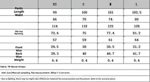 Detailed size chart for dark gray pinstripe wide leg trousers in cm with measurement guide