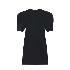 Minimalist black bubble sleeve dress with elegant back zipper detail in woven fabric