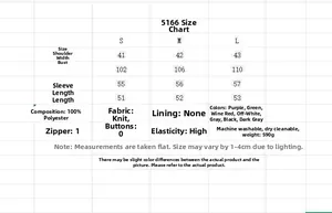 Size chart for autumn knit cardigan showing shoulder, chest, and sleeve measurements