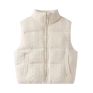 Women's warm cable-knit padded vest in creamy white with stand collar and zipper