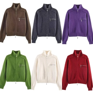 Women's High Neck Zipper Knit Cardigan Sweater Autumn Winter Soft Solid Color Ribbed Trim Long Sleeve Casual Elegant Knitwear Top