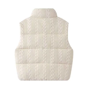 Rear view of cream cable knit puffer vest featuring a high neck and quilted design