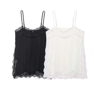 Sexy V-Neck Satin Camisole For Women With Adjustable Spaghetti Straps And Eyelash Lace Trim Elegant Sleeveless Summer Top