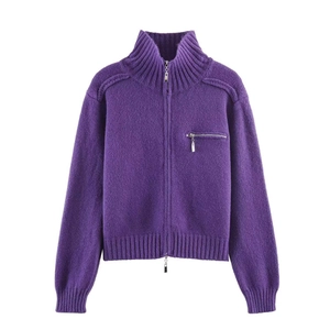 Dark purple zip-up knit cardigan with high collar and ribbed details on white background