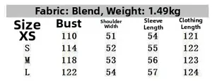 Size chart for double-breasted wool coat showing chest, shoulder and length measurements