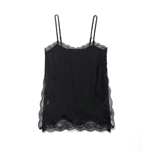 Sultry black lace camisole top with delicate eyelash lace trim and thin straps