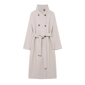 Women's Elegant Long Woolen Coat With Waist Belt Stand Collar Spliced Single Breasted Warm Trench Outerwear Oatmeal White