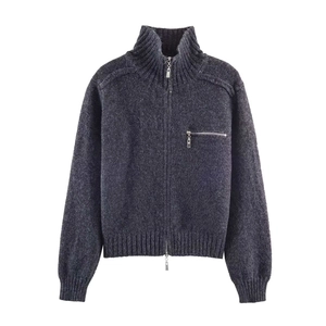 Dark grey soft knit cardigan with a double zipper and high collar stand on white background