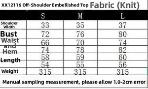 Detailed size chart for off-shoulder knitted sweater with measurements for S, M and L