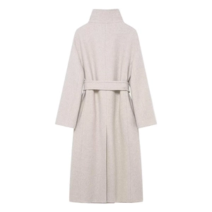 Women's oatmeal wool coat with high collar, waist belt and back vent for winter style