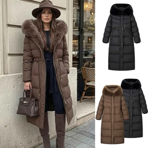 Women Winter Extra Long Padded Coat Hooded Puffer Jacket With Faux Fur Collar Drawstring Slim Fit Warm Quilted Parka Outerwear