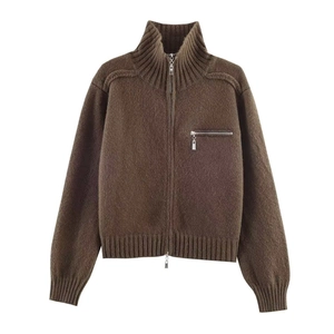 Brown soft knit zip-up cardigan with high neck, ribbed trim and chest pocket detail