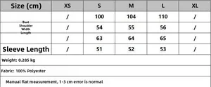 Size chart table for plaid shirt featuring bust shoulder length and material details