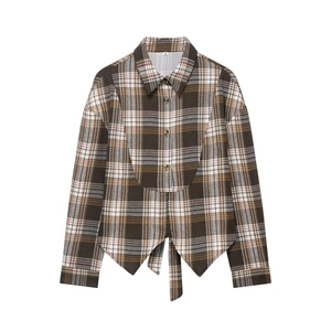 Women Vintage Coffee Brown Plaid Shirt Asymmetrical Hem Back Tie Bow Long Sleeve Blouse Casual Office Commuter Top