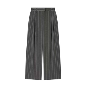 High waist dark grey pinstripe wide leg trousers with double button closure and pleats