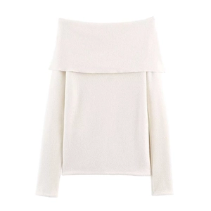Detail of off-white off-shoulder knit sweater with ribbed texture and long sleeves