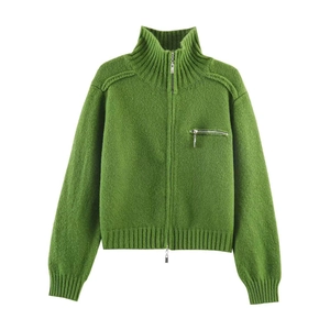 Detail of moss green knit cardigan featuring high collar and multiple metal zippers