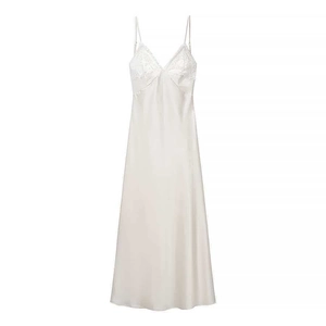 Elegant white satin maxi dress with lace patchwork and slim straps for summer