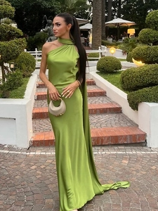 Elegant grass green satin halter maxi dress with backless design and flowing train