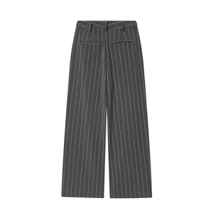 Rear view of grey pinstripe wide-leg trousers featuring belt loops and two back welt pockets
