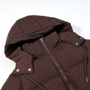 Winter loose-fit hooded puffer jacket in dark brown with windproof fabric and zipper closure