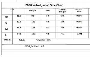 Tableau des tailles détaillé pour veste en velours avec perles de la taille XS à L