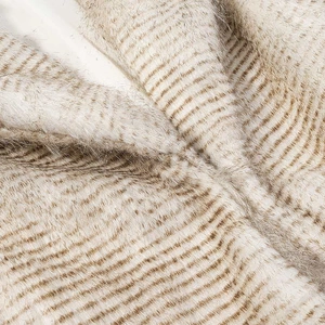 Winter striped faux fur jacket in apricot beige with soft plush texture and lapel collar