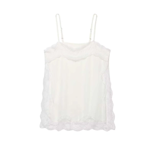 Elegant white satin camisole top with v-neck eyelash lace trim and adjustable thin straps