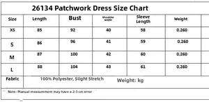 Detailed size chart for the long sleeve poplin patch mini dress with measurements in cm