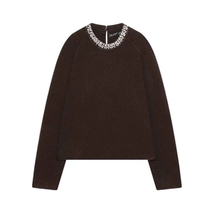 Rhinestone Embellished Collar Knitted Sweater Women Round Neck Long Sleeve Pullover Soft Knit Autumn Casual Fashion Top