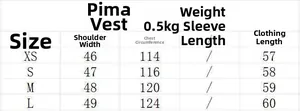 Size chart table for matte faux leather vest with chest and length measurements