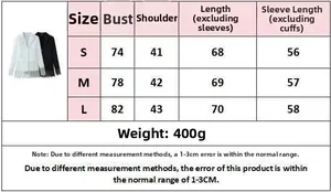 Size chart for women's black lace blazer showing bust, shoulder, and sleeve measurements