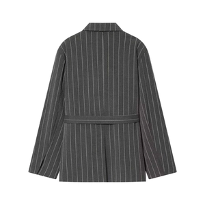 Back view of a dark grey pinstripe blazer with waist strap and center slit detail