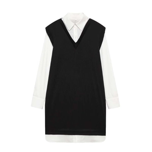 Women's Elegant Fake Two-Piece Mini Dress Patchwork Long Sleeve Shirt Vest Layered Look Casual Short Dress